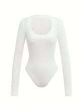 Solid Color Knitted Round Neck Long Sleeve Bodysuit For Women, Casual Slim Fit